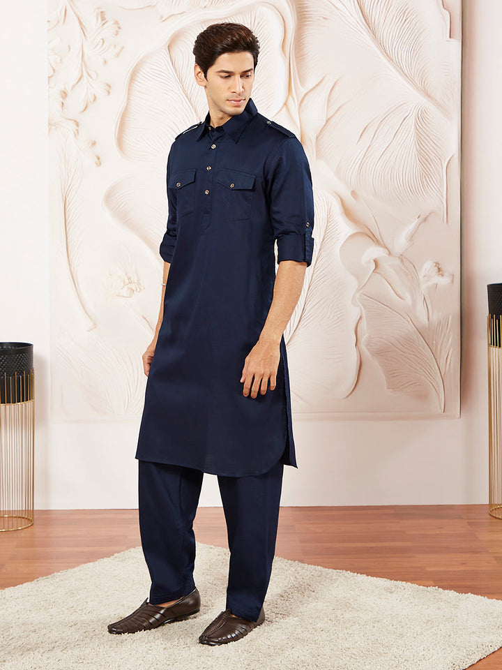 Men's Blue Cotton Pathani Suit Set
