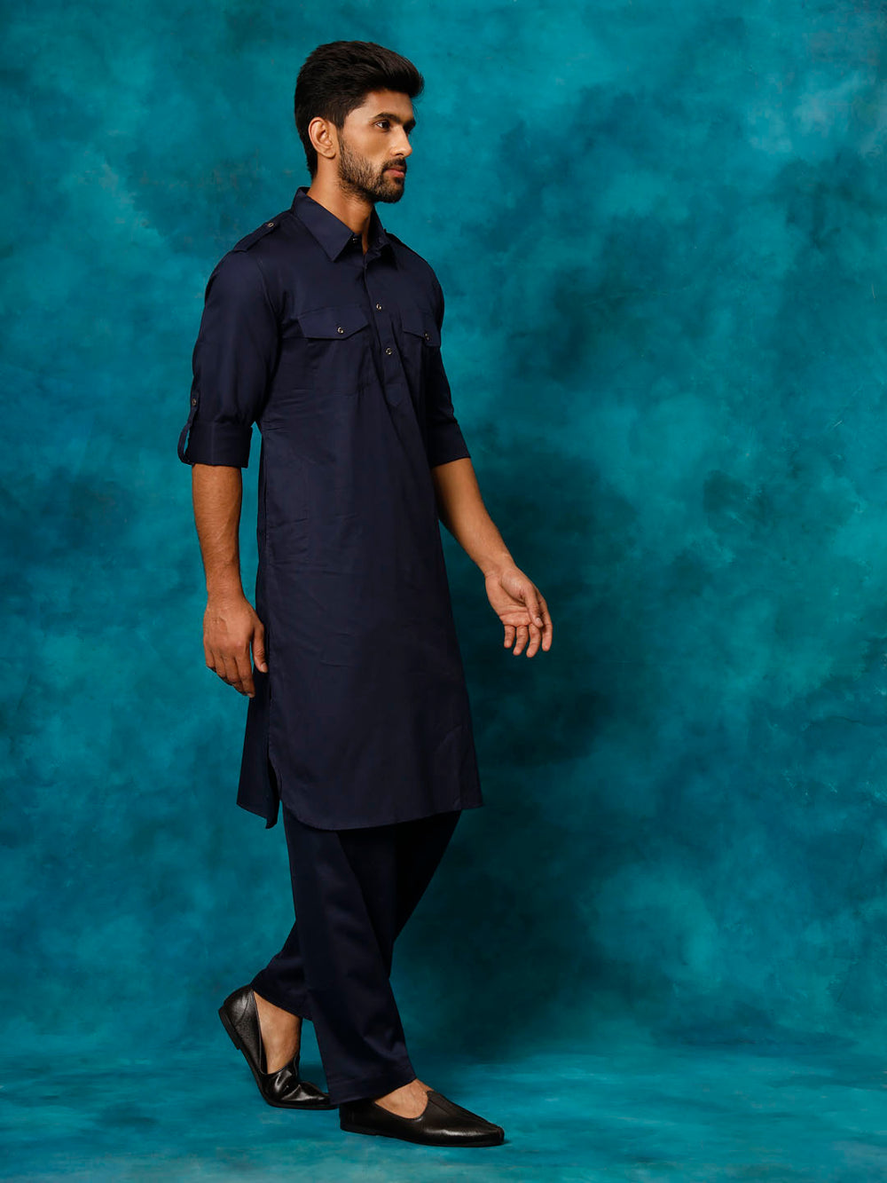 Sarvati Men's Blue Cotton Pathani Suit Set