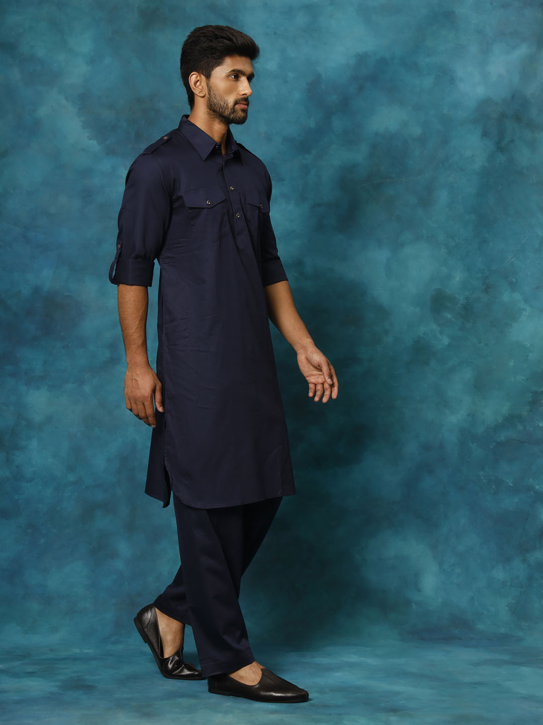 Sarvati Men's Blue Cotton Pathani Suit Set