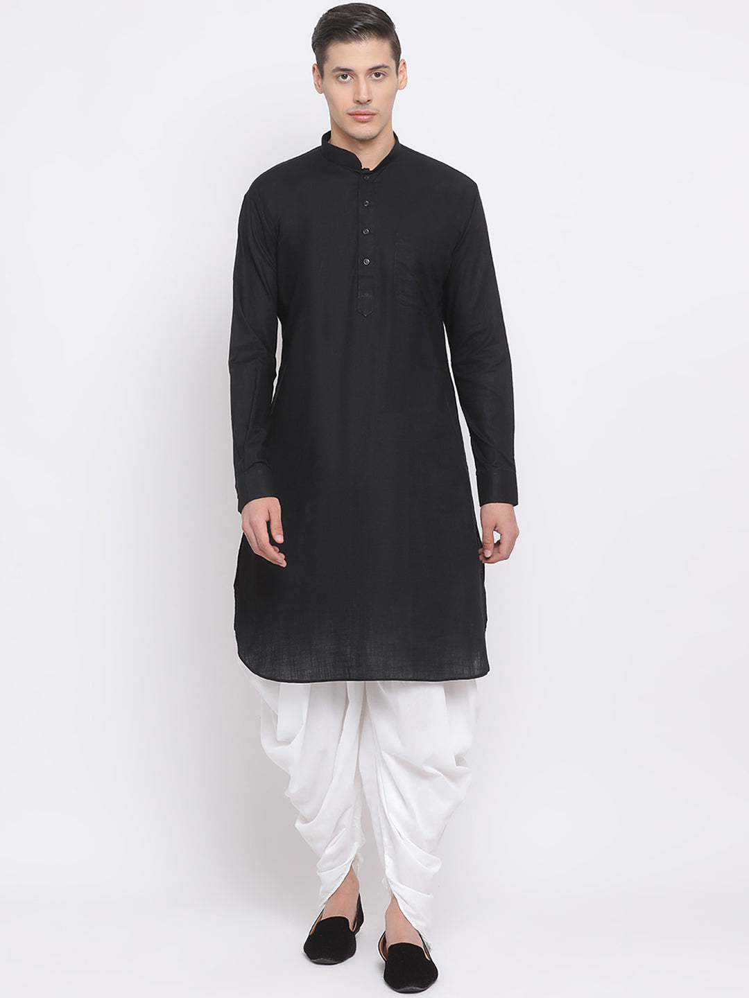 Sarvati Men's Black Cotton Linen Blend Pathani Kurta and White Dhoti Set