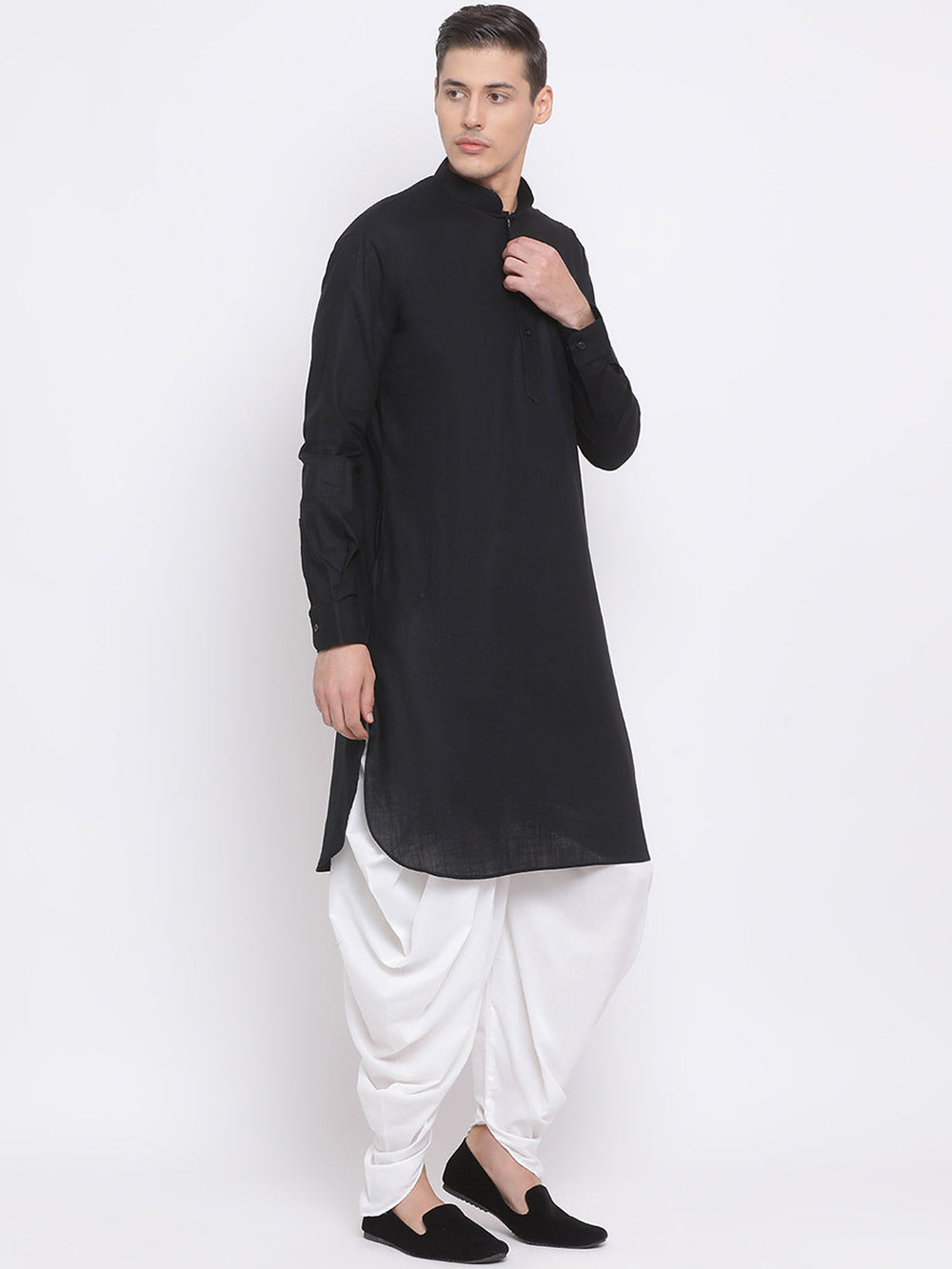 Sarvati Men's Black Cotton Linen Blend Pathani Kurta and White Dhoti Set