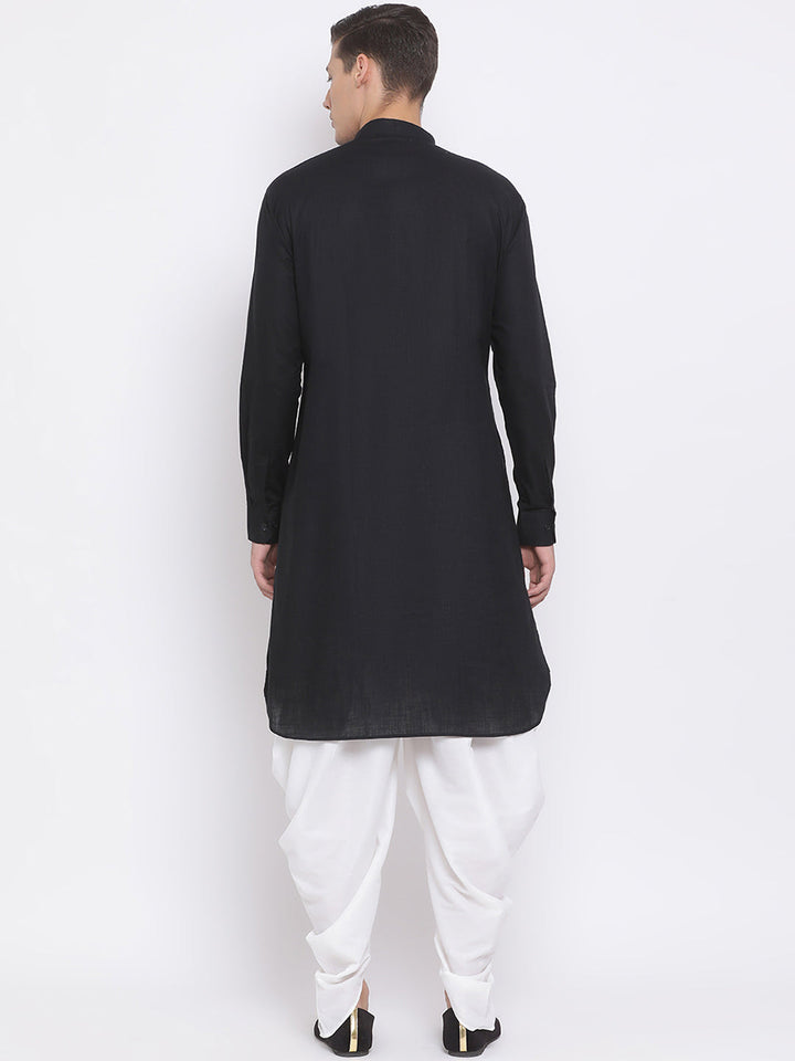 Sarvati Men's Black Cotton Linen Blend Pathani Kurta and White Dhoti Set