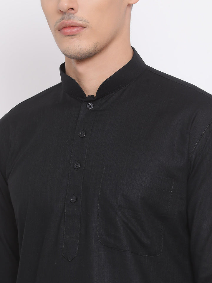 Sarvati Men's Black Cotton Linen Blend Pathani Kurta and White Dhoti Set