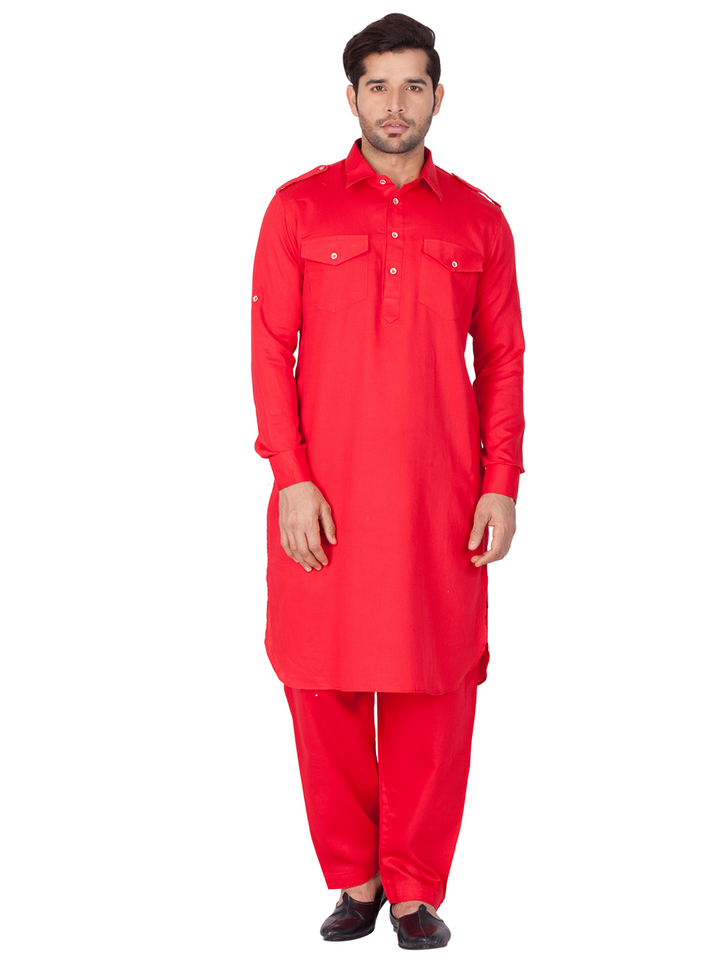 Sarvati Men's Red Pathani Suit Set