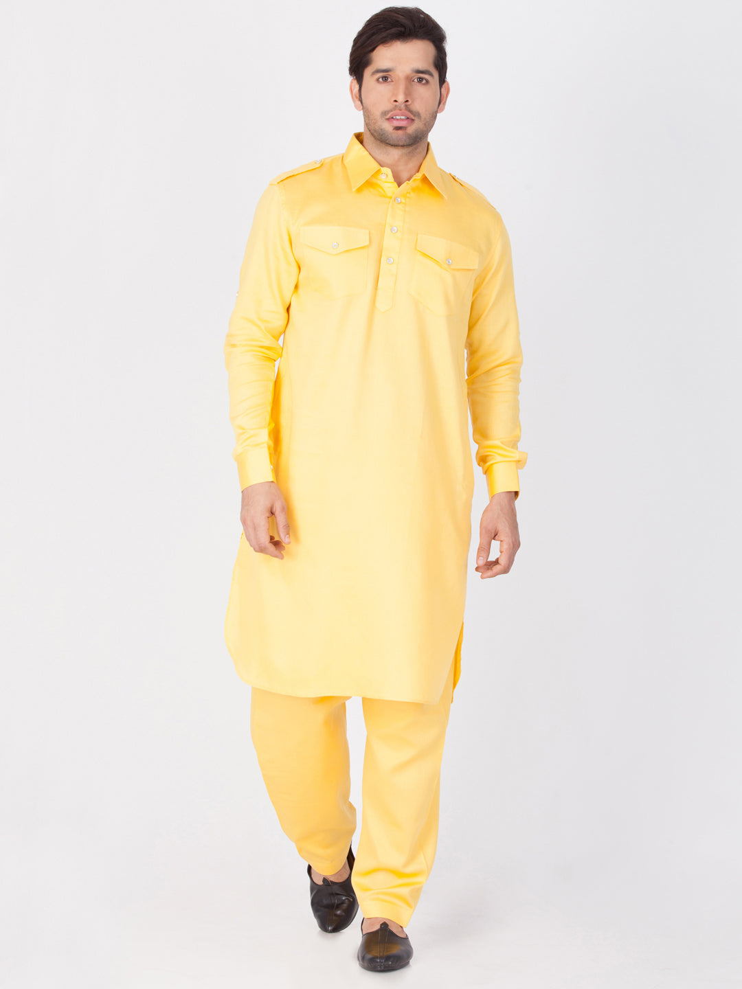 Sarvati Men's Yellow Cotton Pathani Suit Set