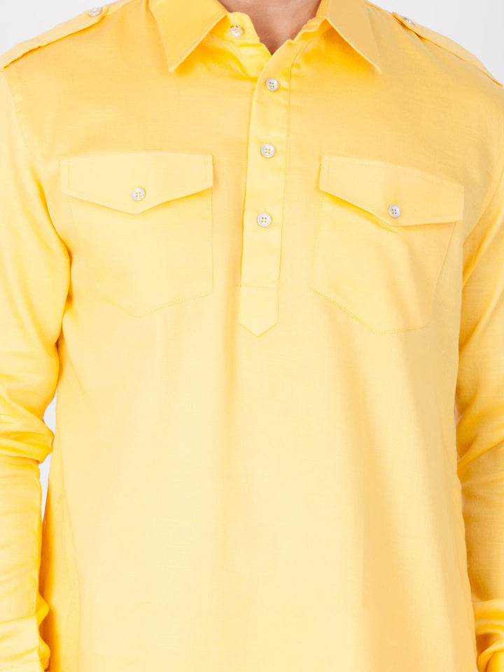 Sarvati Men's Yellow Cotton Pathani Suit Set