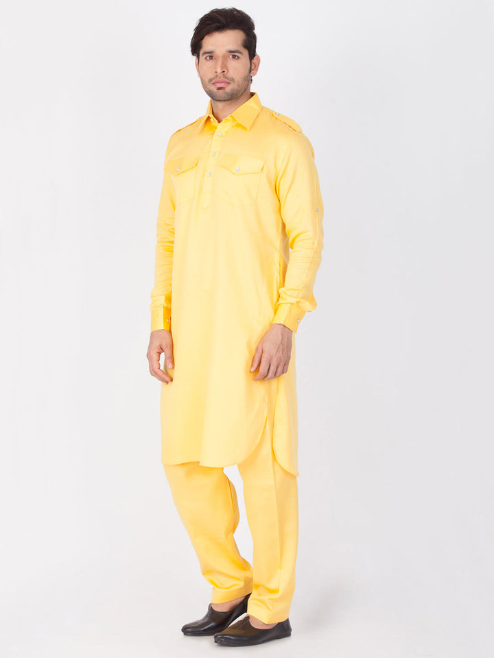 Sarvati Men's Yellow Cotton Pathani Suit Set