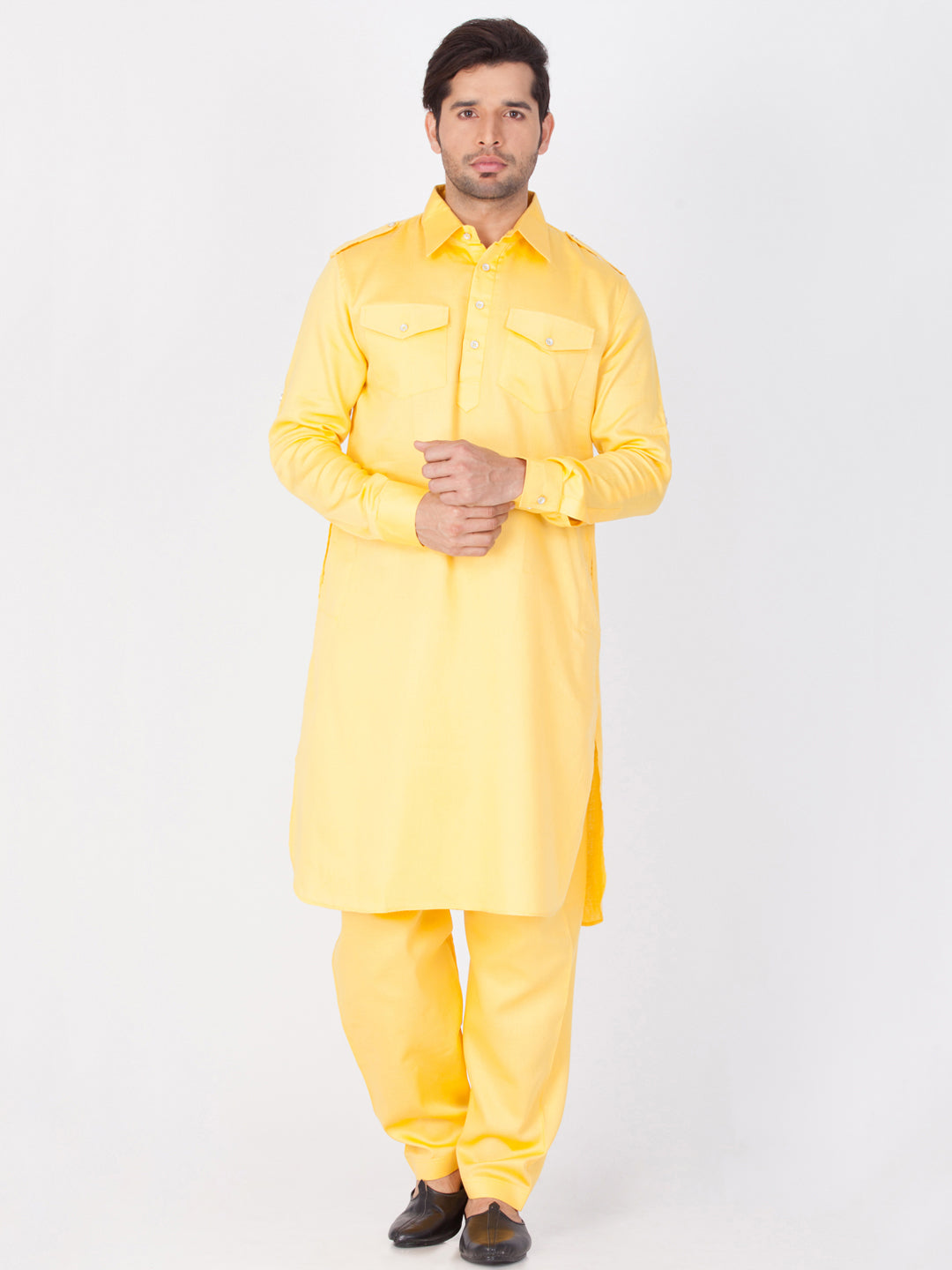 Sarvati Men's Yellow Cotton Pathani Suit Set