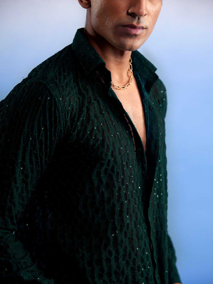 Men's Green Fancy Sequined Shirt