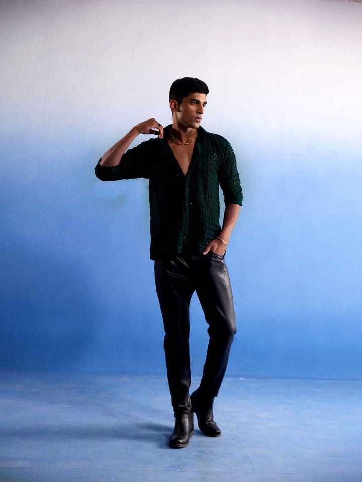 Men's Green Fancy Sequined Shirt