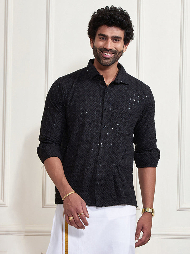 Men's Black Rayon Embellished Shirt