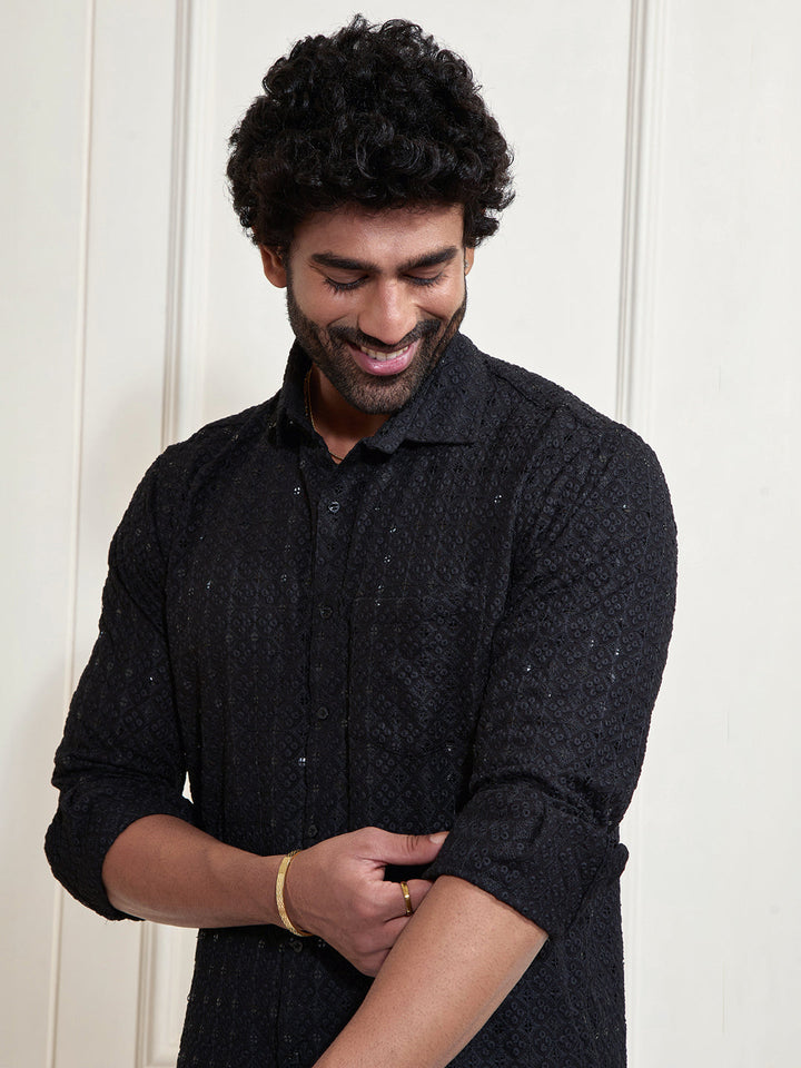Men's Black Rayon Embellished Shirt