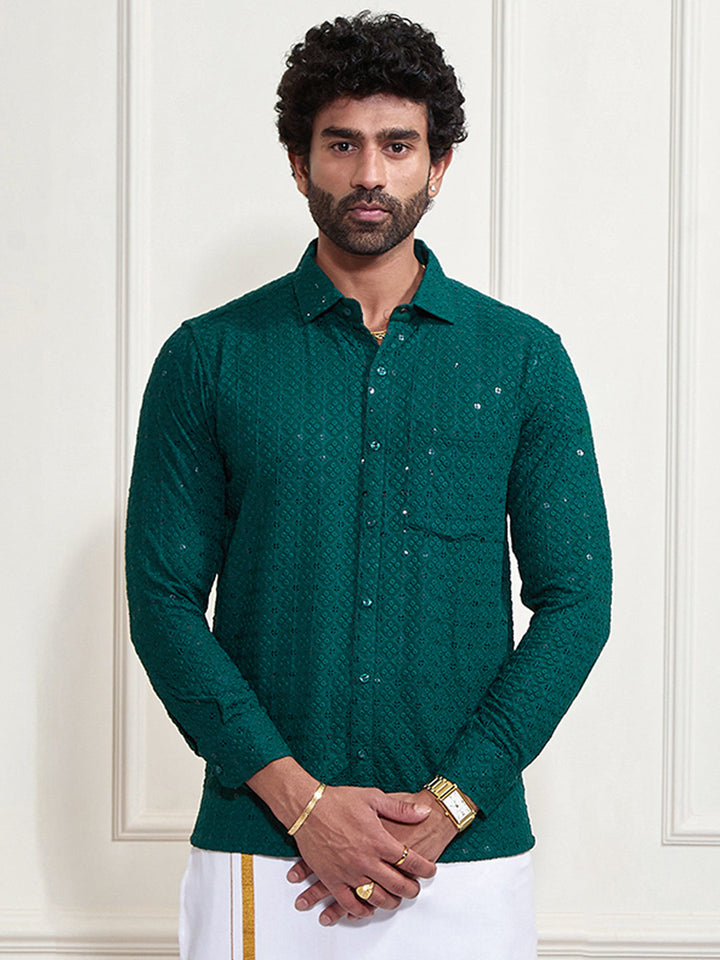 Men's Green Rayon Embellished Shirt