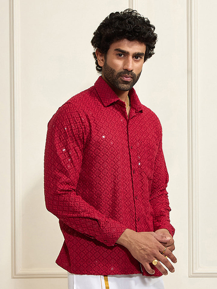 Men's Maroon Rayon Embellished Shirt
