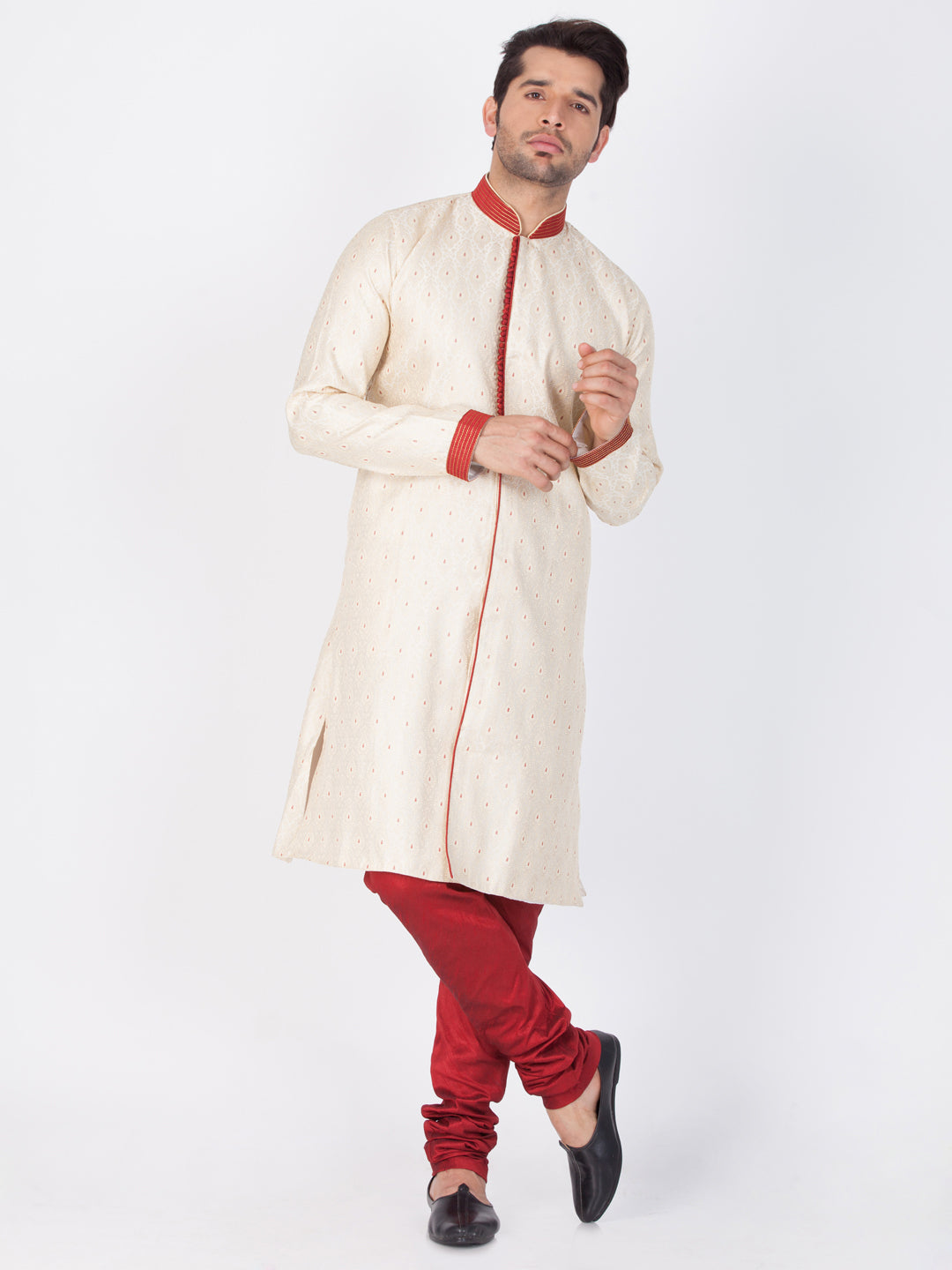 Men's Gold And Maroon Silk Blend Sherwani Set