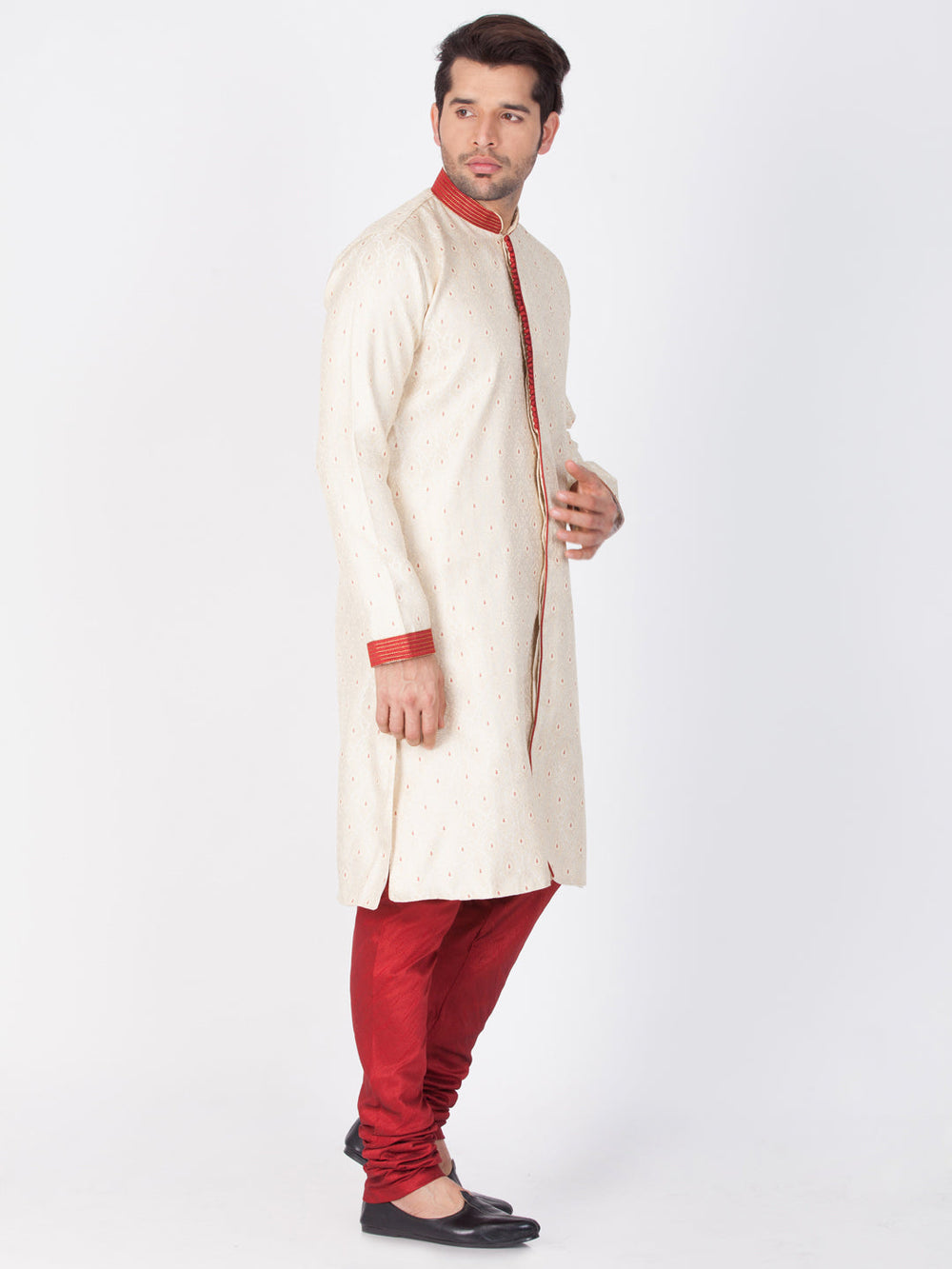 Men's Gold And Maroon Silk Blend Sherwani Set