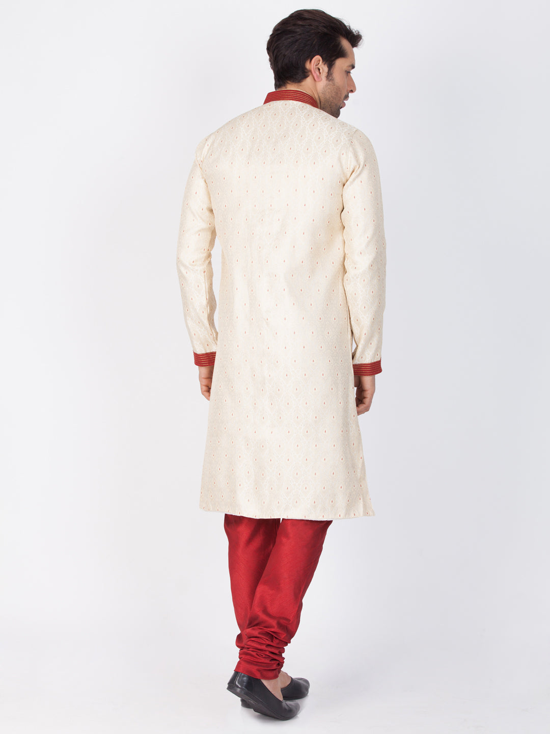 Men's Gold And Maroon Silk Blend Sherwani Set