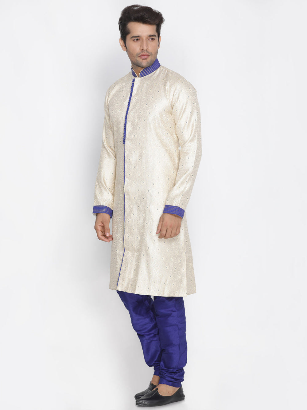 Men's Gold And Blue Silk Blend Sherwani Set