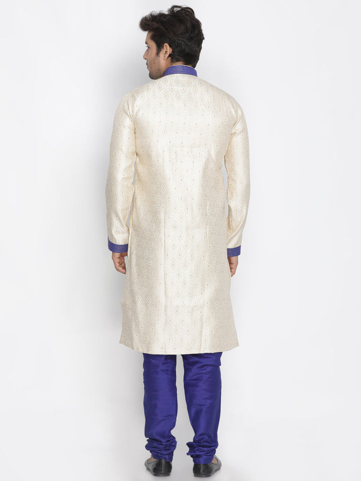 Men's Gold And Blue Silk Blend Sherwani Set