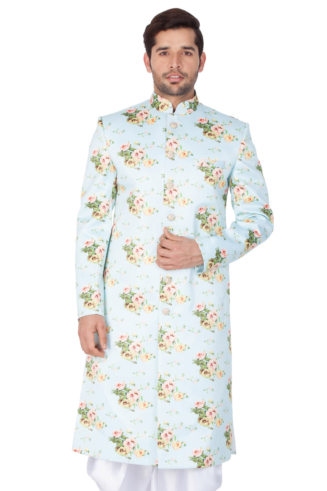 Men's Light Green Base Multicolor Cotton Blend Sherwani Only Top