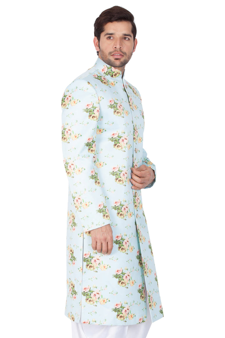 Men's Light Green Base Multicolor Cotton Blend Sherwani Only Top