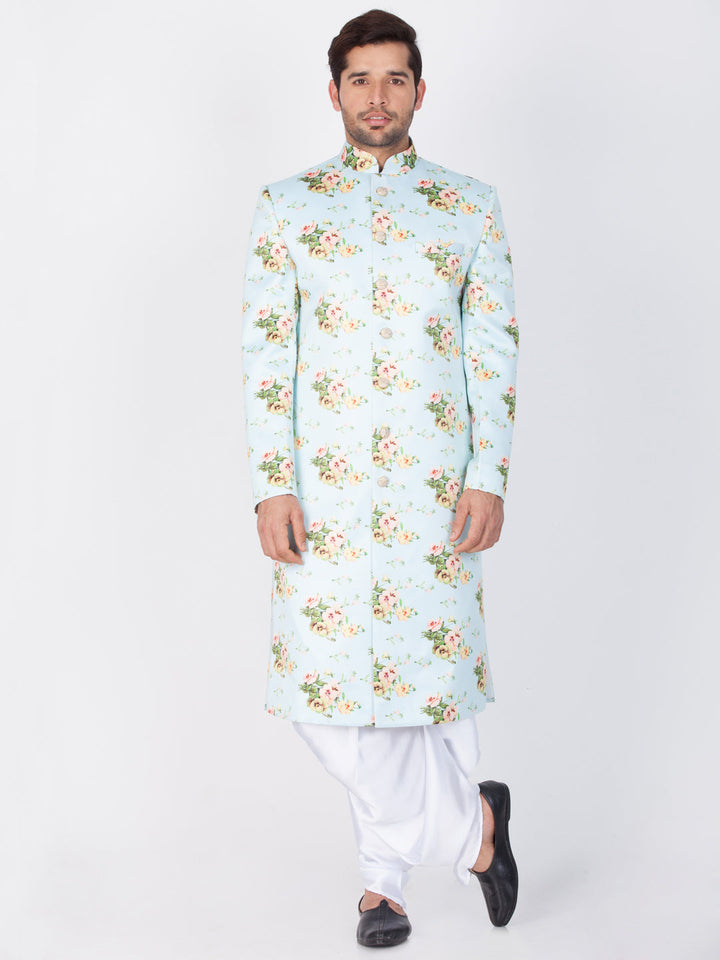 Men's Green Base Multicolor Cotton Blend Sherwani Set