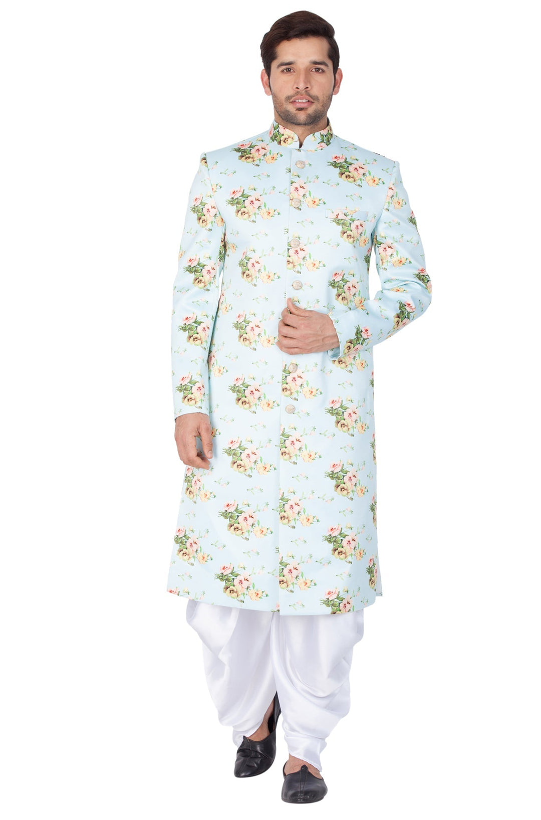 Men's Light Green Base Multicolor Cotton Blend Sherwani Only Top