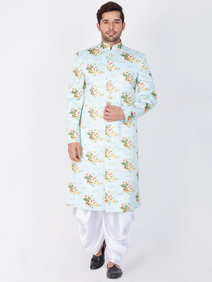 Men's Green Base Multicolor Cotton Blend Sherwani Set