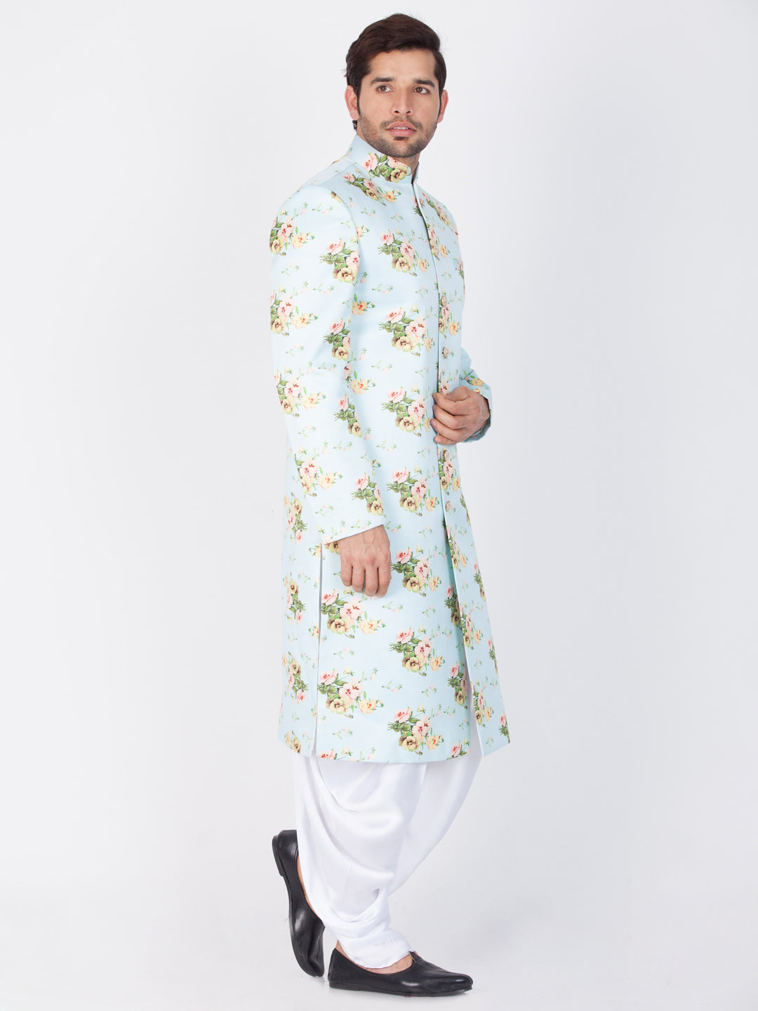 Men's Green Base Multicolor Cotton Blend Sherwani Set