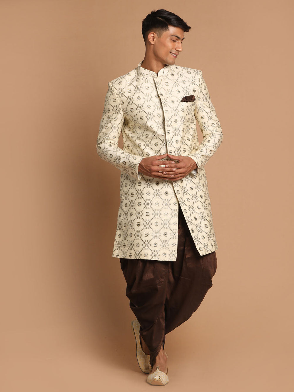 Men's Beige And Coffee Silk Blend Royal Looking Sherwani Set