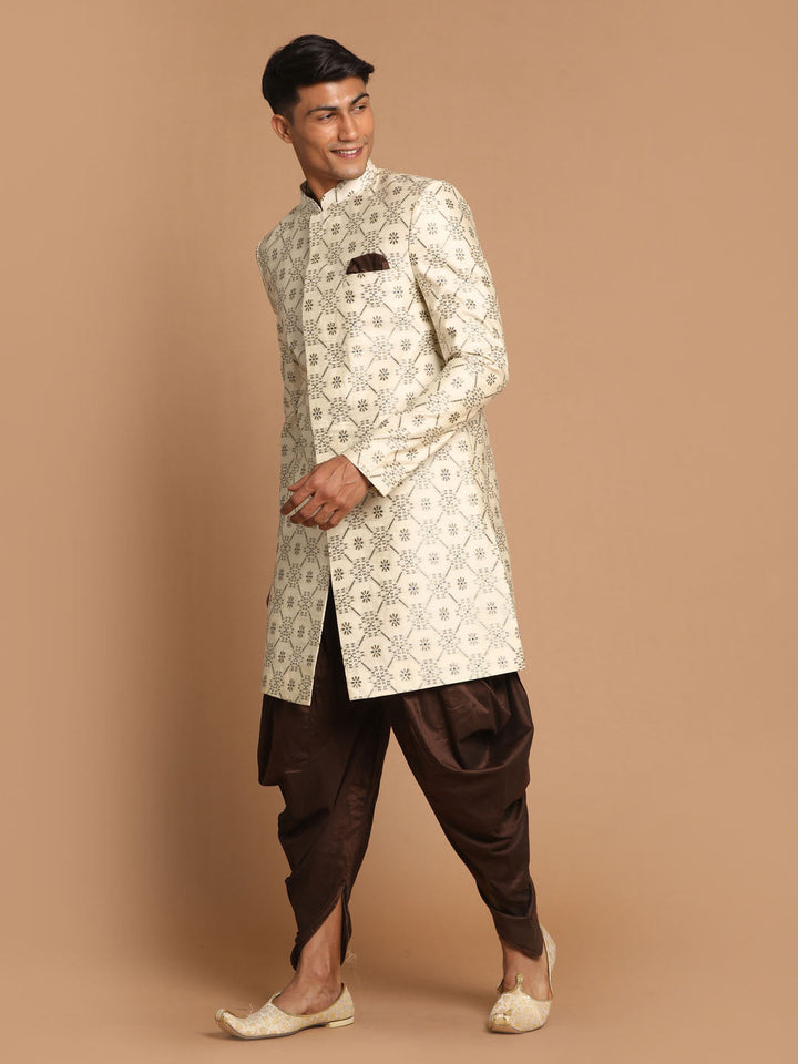 Men's Beige And Coffee Silk Blend Royal Looking Sherwani Set