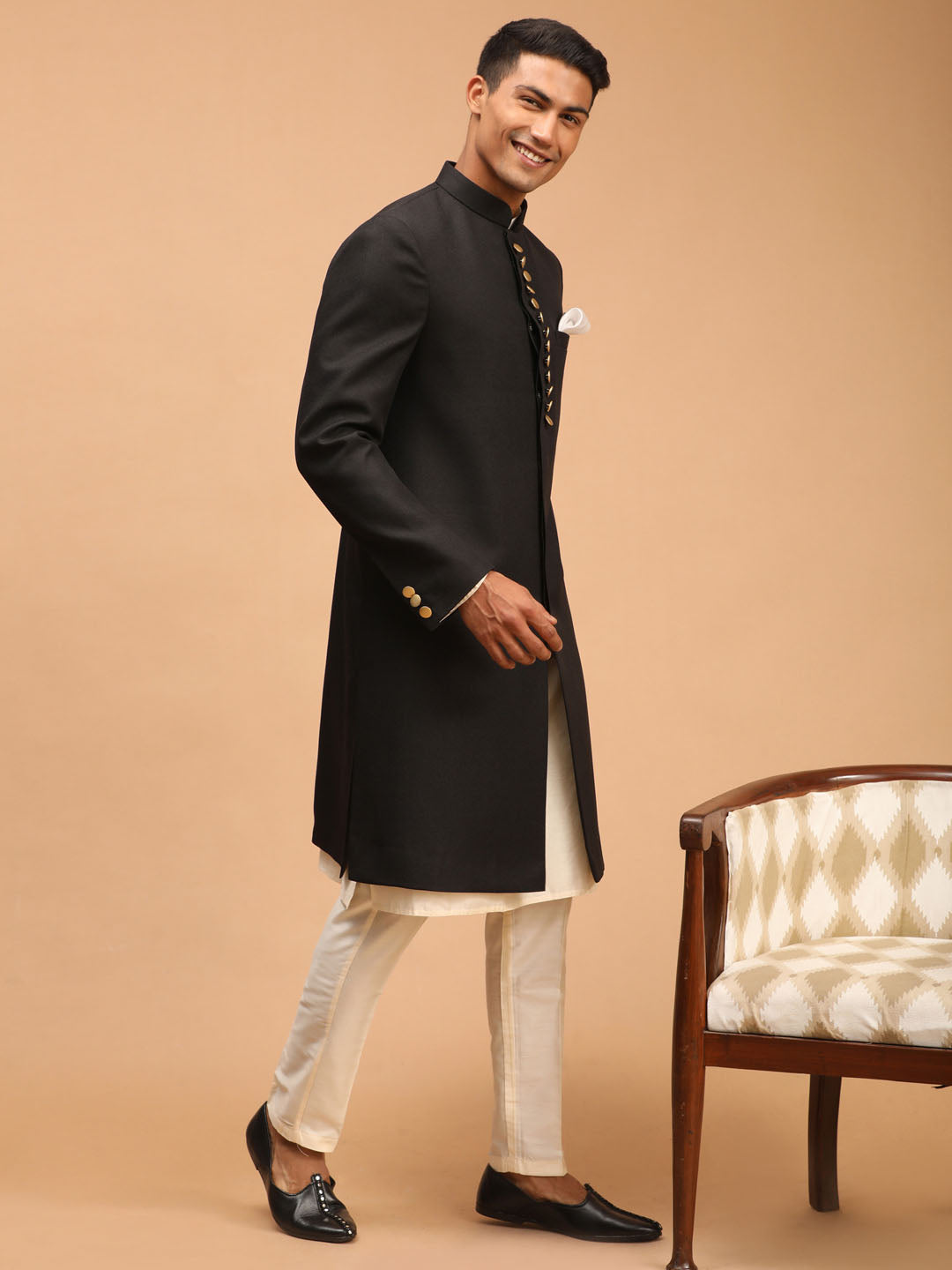 Men's Black Sherwani With Kurta Pant Set