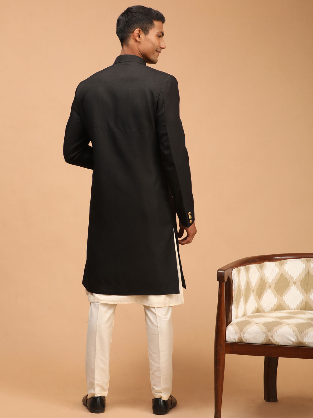 Men's Black Sherwani With Kurta Pant Set