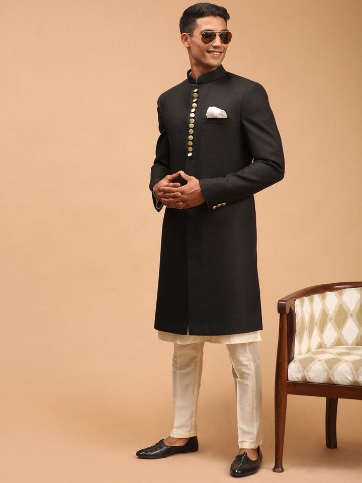 Sarvati Men's Black Sherwani With Kurta Pant Set