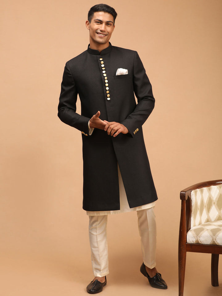 Sarvati Men's Black Sherwani With Kurta Pant Set