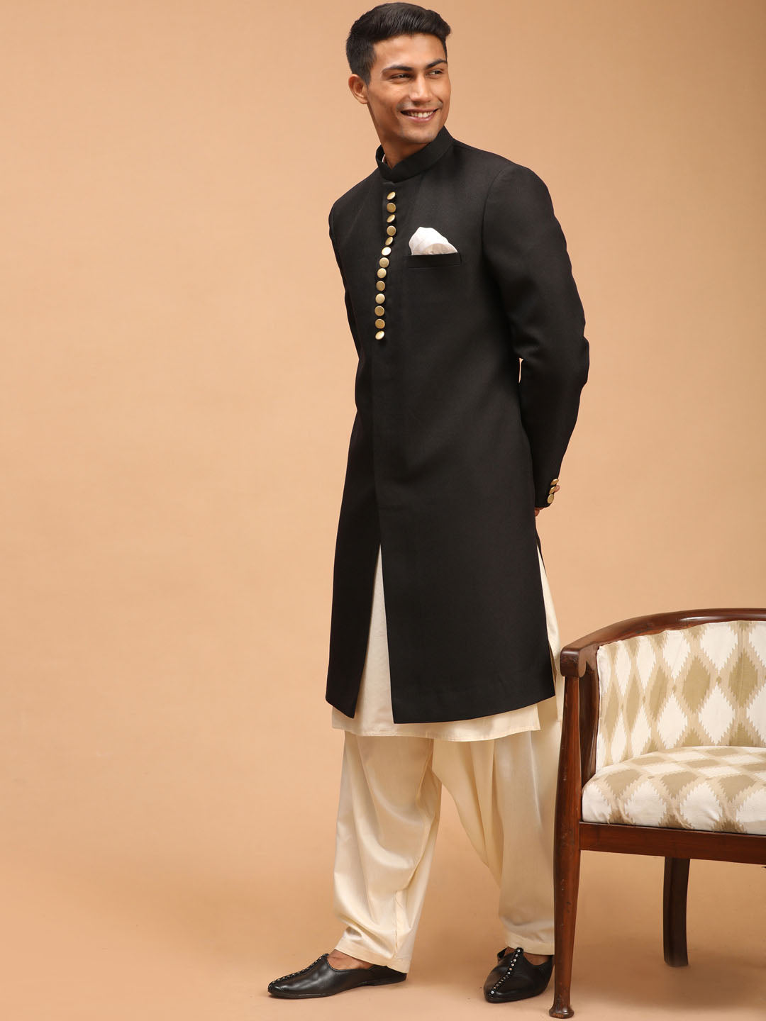 Men's Black Sherwani With Kurta Patiala Set