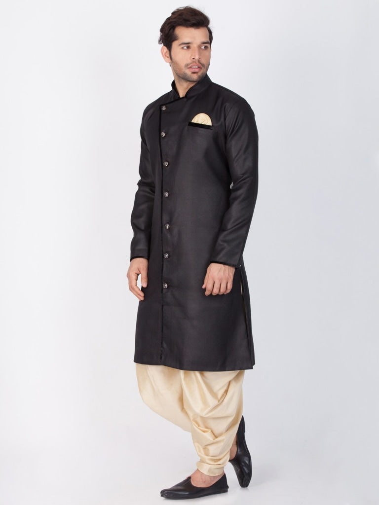 Men's Black And Gold Cotton Blend Sherwani Set