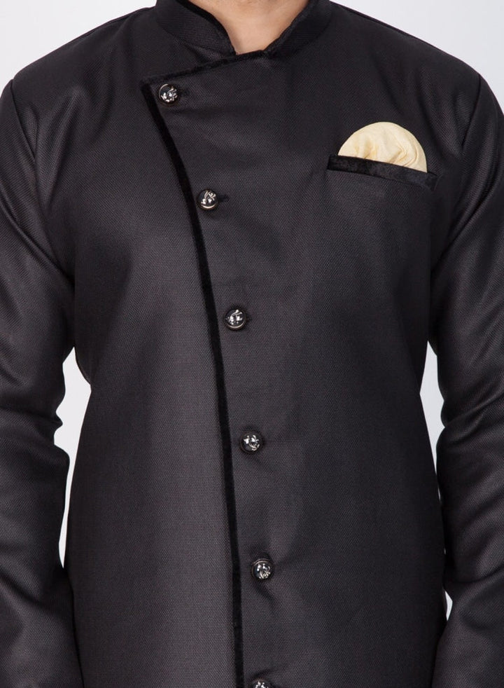 Men's Black And Gold Cotton Blend Sherwani Set