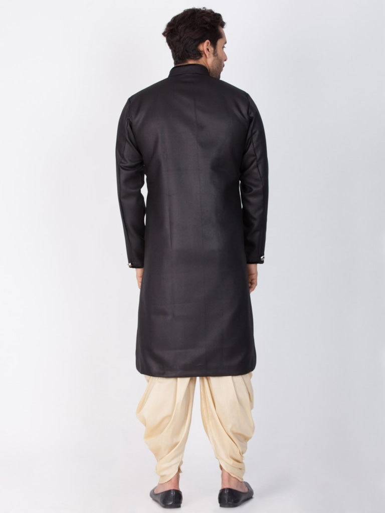 Men's Black And Gold Cotton Blend Sherwani Set