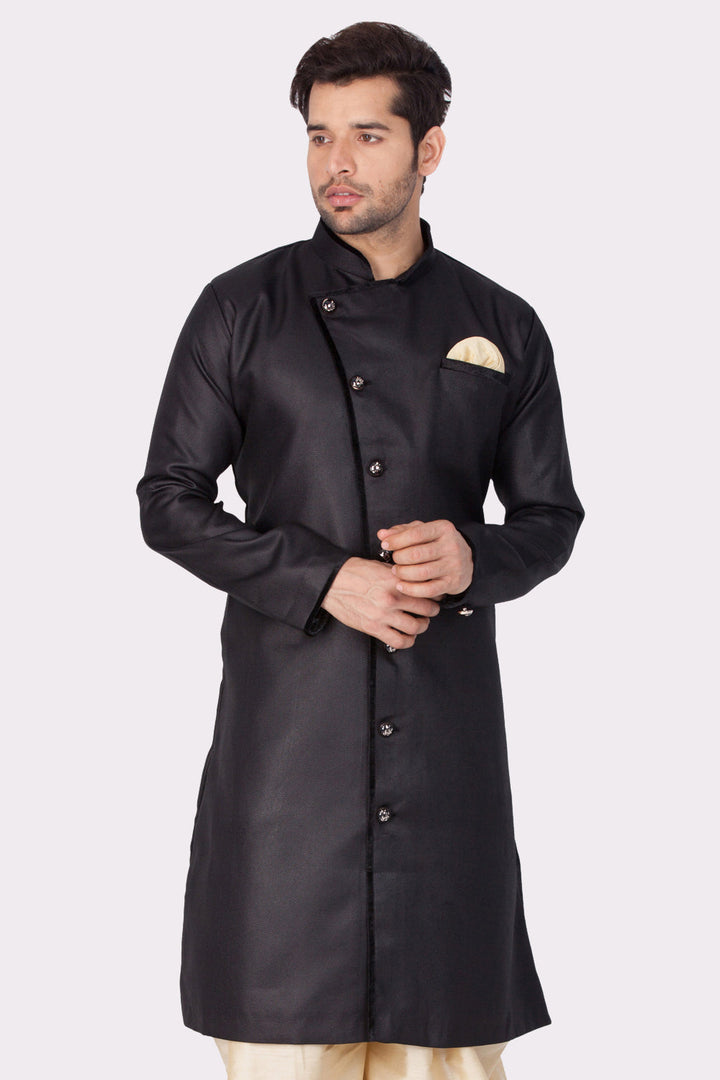 Men's Black Cotton Blend Sherwani Only Top