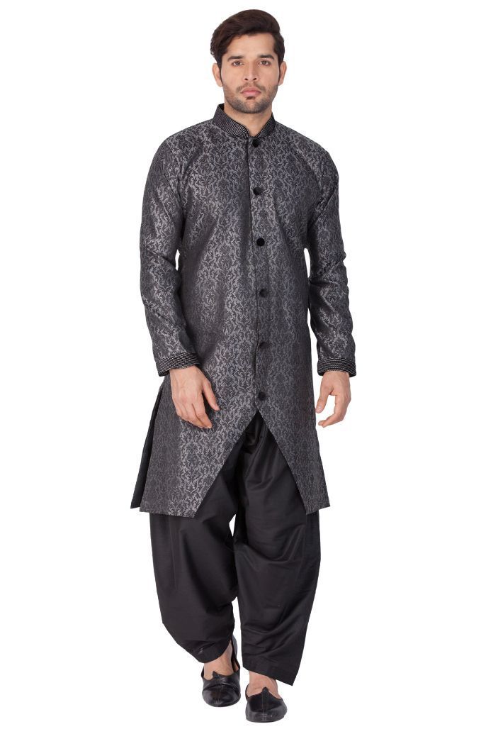 Men's Grey And Black Silk Blend Sherwani Set