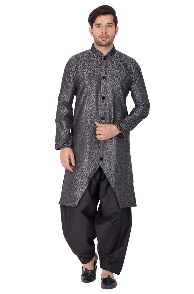 Men's Grey And Black Silk Blend Sherwani Set