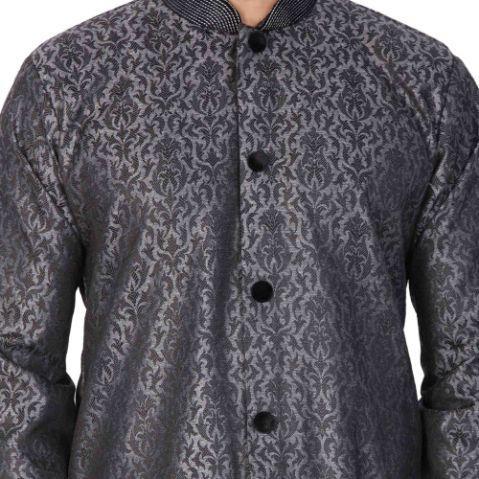 Men's Grey And Black Silk Blend Sherwani Set