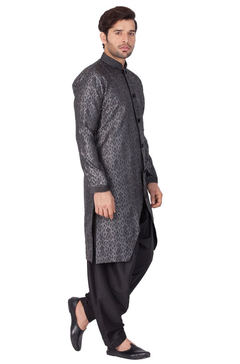 Men's Grey And Black Silk Blend Sherwani Set