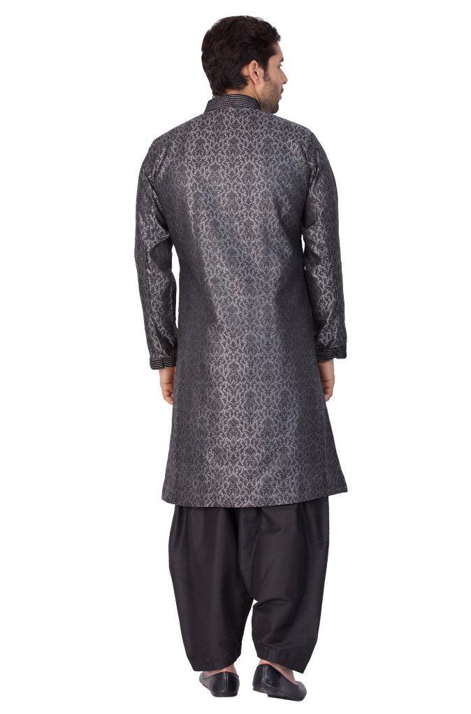 Men's Grey And Black Silk Blend Sherwani Set