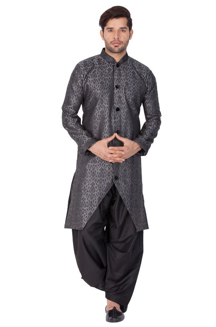 Men's Grey And Black Silk Blend Sherwani Set