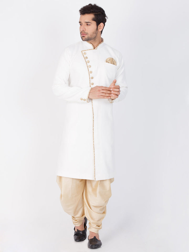 Men's White And Gold Cotton Blend Sherwani Set