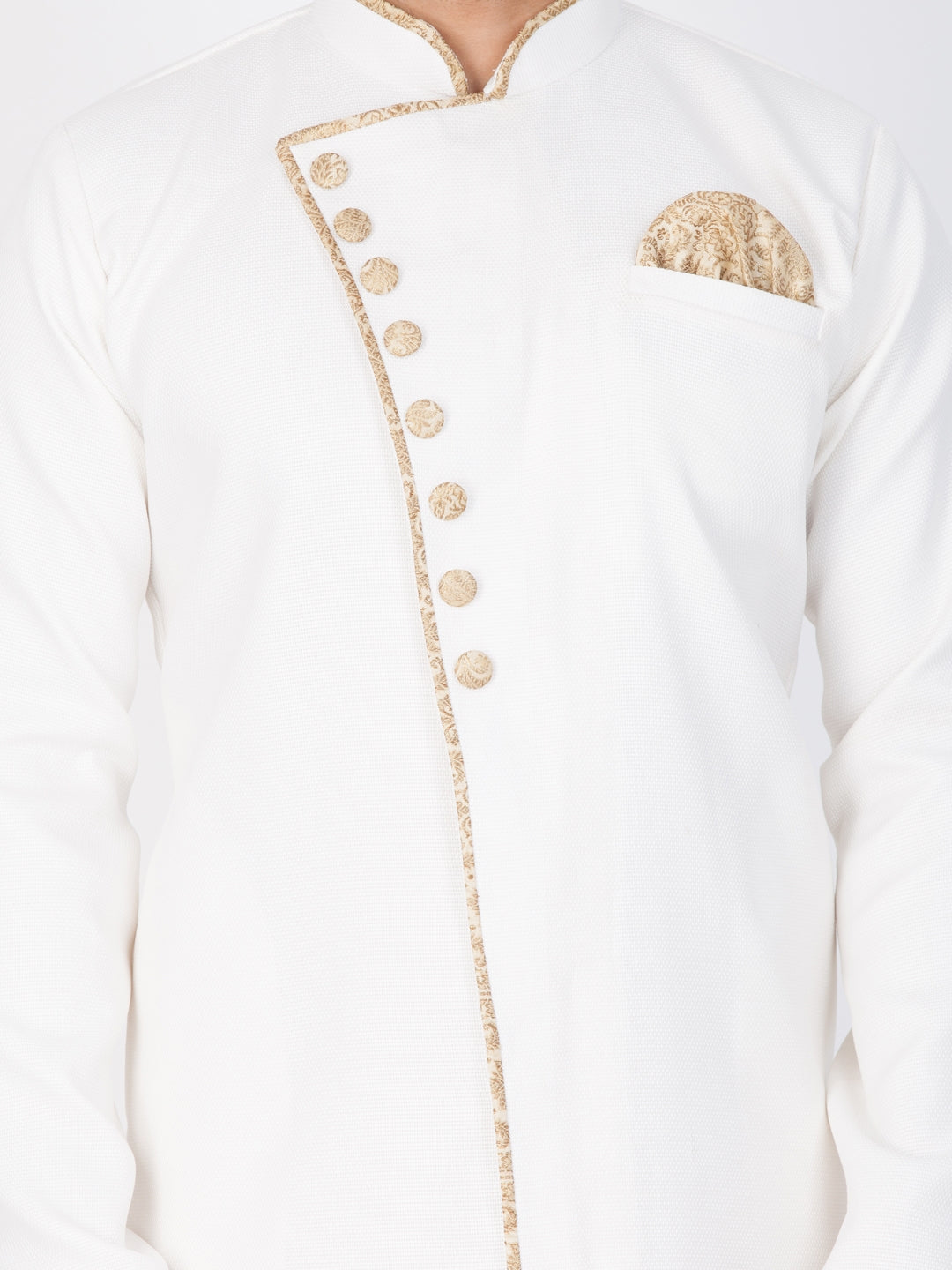 Men's White And Gold Cotton Blend Sherwani Set