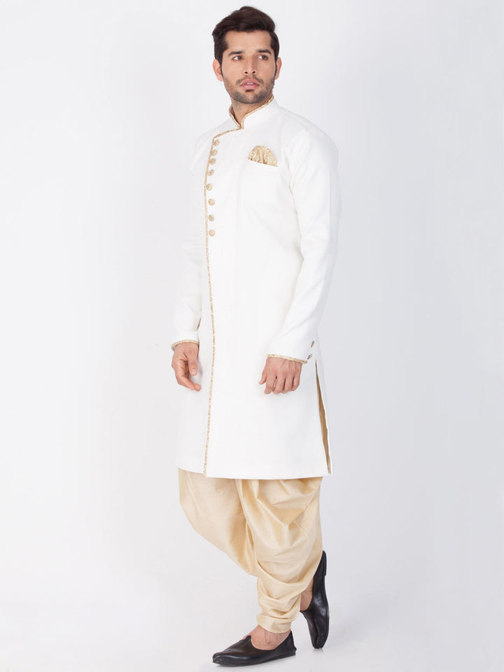 Men's White And Gold Cotton Blend Sherwani Set