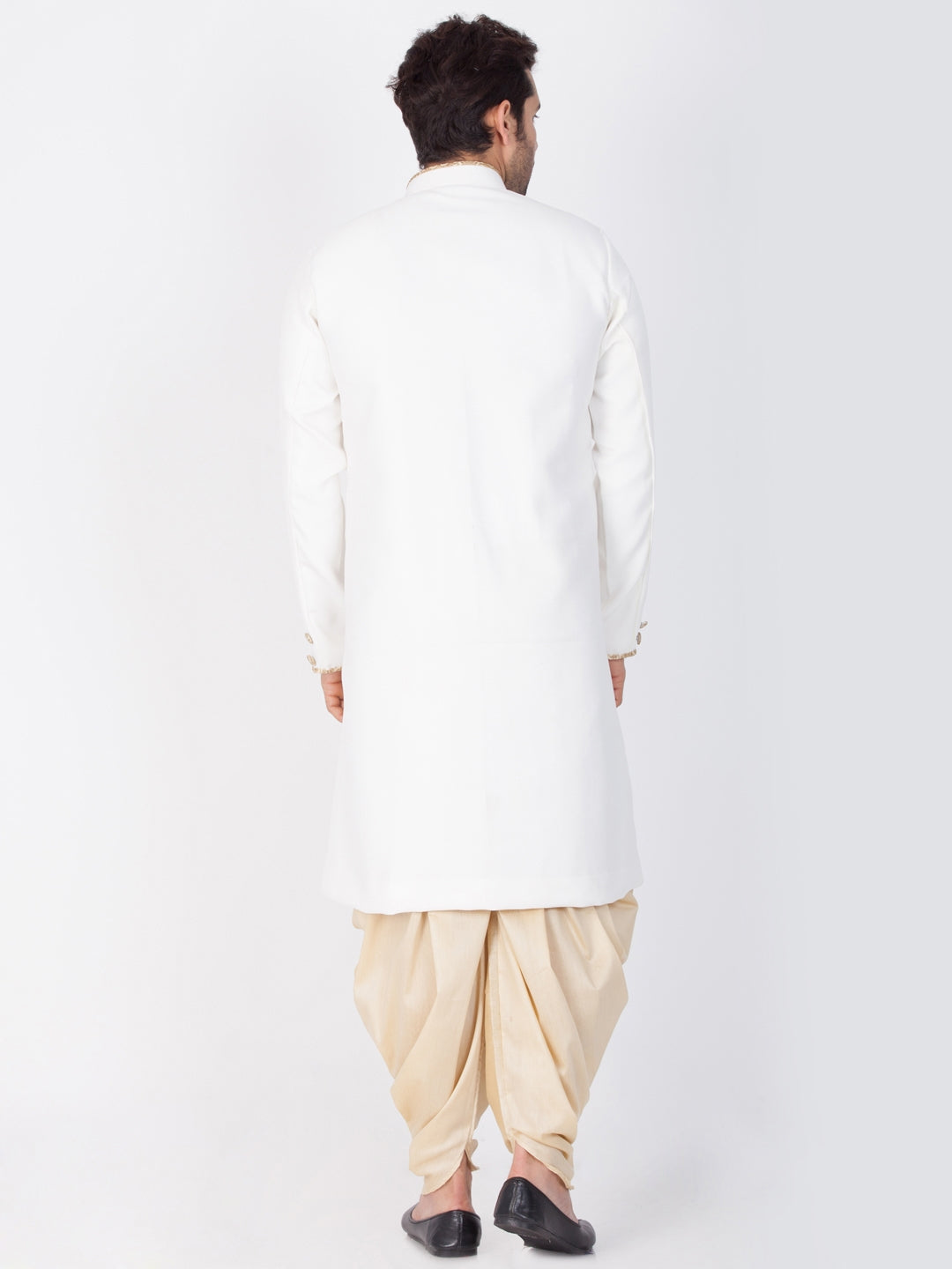 Men's White And Gold Cotton Blend Sherwani Set